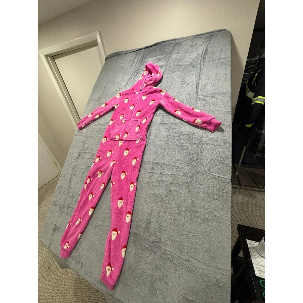 Forever 21 Kids Girls 9/10 Pink Santa Hooded One Piece‎ Pajamas Christmas Cozy